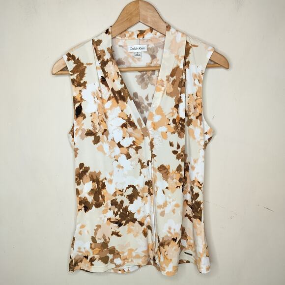 Calvin Klein Sleeveless Top Floral Peach Brown - Picture 1 of 10